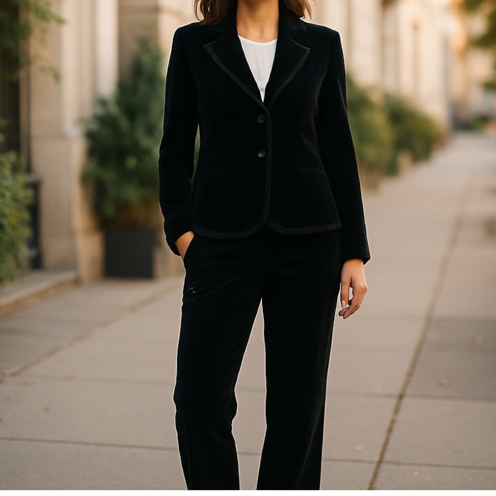 👛 2/$60 Vintage BELLISMA Black Poly/Spandex Pant Suit, Removable Pads